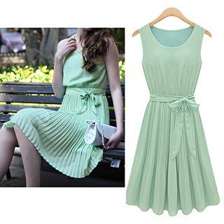 Tie Waist Pleated Sleeveless Dress