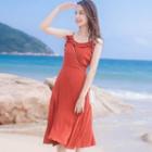 Frilled Trim Spaghetti-strap Slit-side Dress