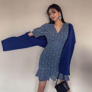 Ruffle-hem Shirred Floral Dress