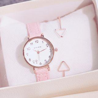 Set: Man & Woman Sign Strap Watch + Triangle Open Bangle + Case