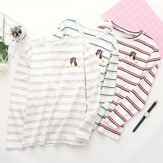 Bear Embroidered Striped Long Sleeve T-shirt