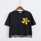 Flower Embroidered Tasseled Short Sleeve Cropped T-shirt