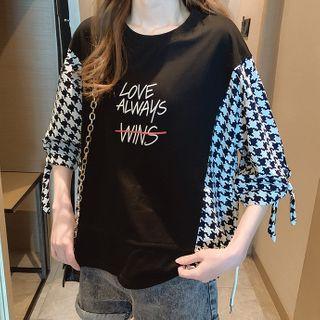 Elbow-sleeve Houndstooth Panel T-shirt