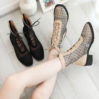 Dotted Mesh Panel Lace-up Short Boots