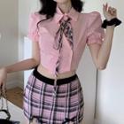 Short-sleeve Cutout Crop Shirt / Plaid Tie / Mini Skirt / Set
