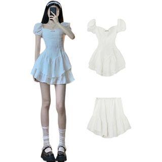 Set: Short-sleeve Square-neck A-line Dress + Skirt