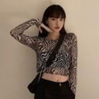 Long-sleeve Zebra Print Sheer T-shirt Black - One Size