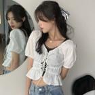 Puff-sleeve Lace Trim Lace-up Cropped Blouse / Lace Trim Cropped Camisole Top