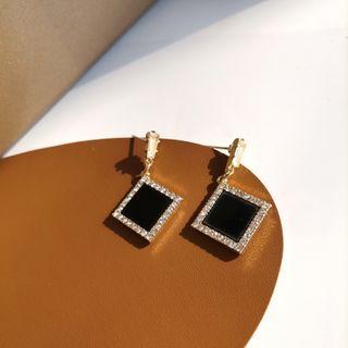 Square Rhinestone Dangle Earring 1 Pair - S925 Silver Needle - Stud Earrings - Black - One Size