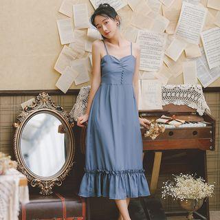Ruffle Trim Button Accent Sleeveless Dress