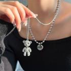 Bear Rhinestone Pendant Layered Stainless Steel Necklace Necklace - Bear - Silver - One Size