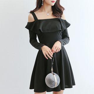 Ruffle Trim Off Shoulder Long Sleeve Dress