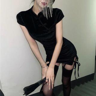 Cap-sleeve Drawstring Mini Bodycon Qipao Dress