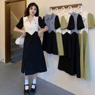 Short-sleeve Two Tone A-line Dress (various Designs)