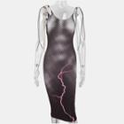 Spaghetti Strap Lightning Print Midi Bodycon Dress