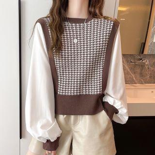 Round-neck Houndstooth Chiffon Oversize Top