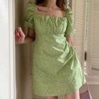 Flower Print Short-sleeve Mini A-line Dress Green - One Size