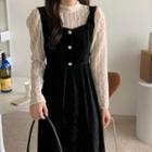 Long-sleeve Lace Paneled Midi A-line Dress Black - One Size