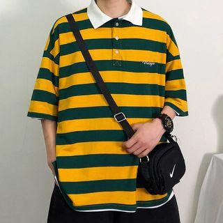 Color-block Stripe Lapel Short-sleeve Top