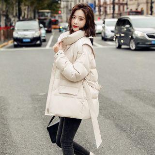 Tie-waist Plain Padded Coat
