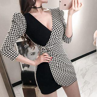 3/4-sleeve Patterned Panel Mini Sheath Dress