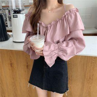Off Shoulder Agaric Laces Long-sleeved Chiffon Shirt As Shown In Figure - One Size