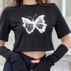 Butterfly Print Short-sleeve Cropped T-shirt With Arm Sleeves