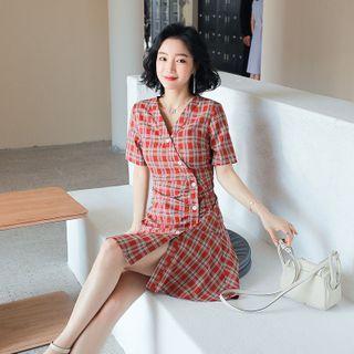 Plaid Short-sleeve Asymmetric Button Mini A-line Dress