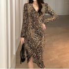 Leopard Print Long-sleeve Asymmetric Midi Sheath Dress As Shown In Figure - One Size