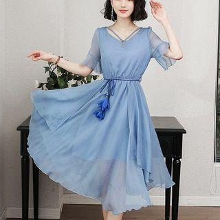 Short Sleeve V-neck Sheer Panel Chiffon Dress