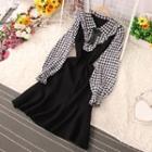 Puff-sleeve Houndstooth A-line Knit Dress Black - One Size