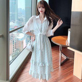Set: Elbow-sleeve Tie-front Sheer Shirt + Spaghetti Strap Floral Print Frill Trim Midi A-line Dress