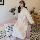 Puff-sleeve Frill Trim Fleece Midi Sleep Dress