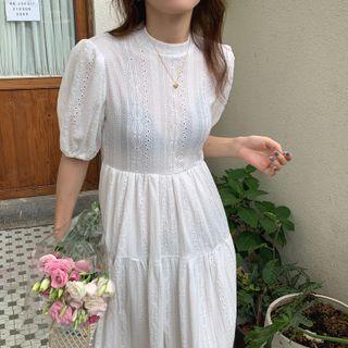 Puff-sleeve Plain Lace Dress