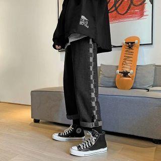 Checked Panel Cropped Straight Leg Jeans