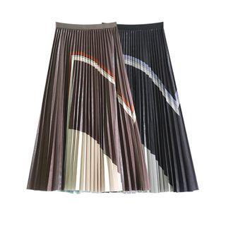 High-waist Color-block Panel Pleated Midi Skirt