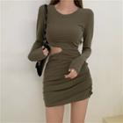 Long-sleeve Cutout Mini Dress Army Green - One Size