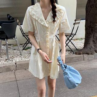 Short-sleeve Open-collar Frill Trim Mini A-line Dress
