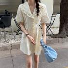 Short-sleeve Open-collar Frill Trim Mini A-line Dress