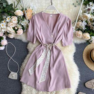 V-neck Short-sleeve Mini Shift Dress