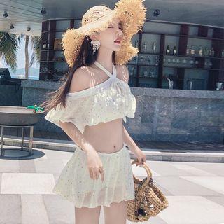 Set: Halter Ruffled Print Swim Top + Swim Skirt