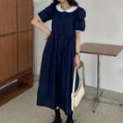 Contrast Collar Puff-sleeve Midi A-line Dress