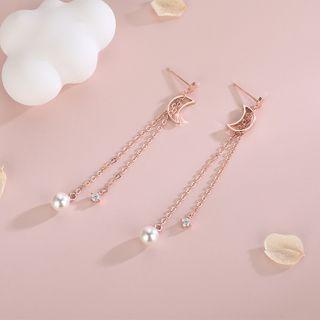 925 Sterling Silver Cz Hollow Crescent Dangle Earring 1 Pair - Es1317 - Rose Gold - One Size