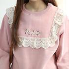Lettering-embroidered Lace-trim Pullover