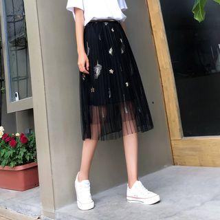 Embroidered Pleated Mesh A-line Skirt