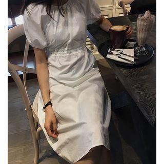 Puff-sleeve Plain Drawstring Dress
