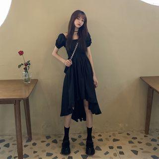 Puff-sleeve Asymmetric Hem Midi A-line Dress