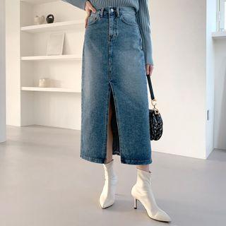 Deep-slit Long Denim Skirt