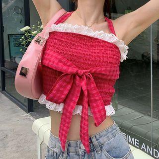 Halter-neck Lace Trim Bow Accent Camisole Top Red - One Size