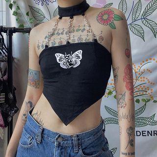 Halter-neck Chained Cut Out Butterfly Graphic Top